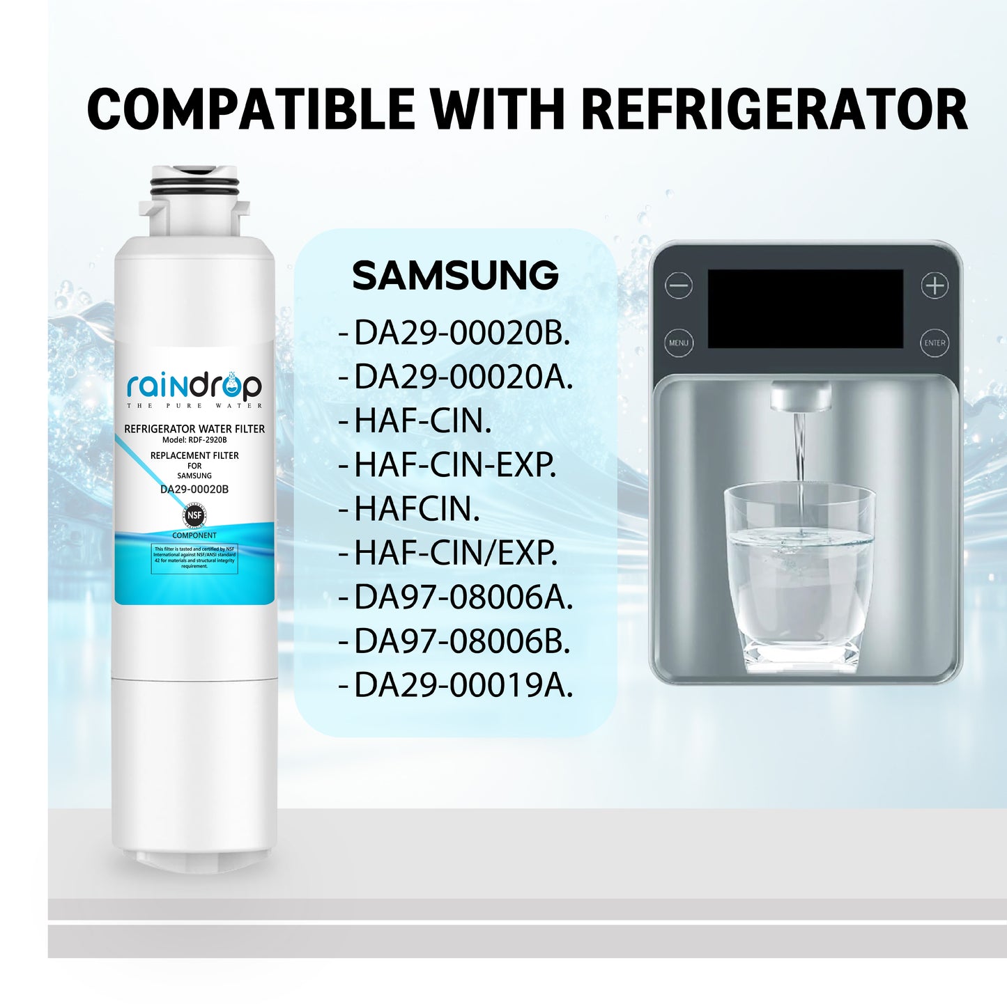 List of Samsung refrigerator models compatible with the Raindrop RDF-2920B DA29-00020B water filter.
