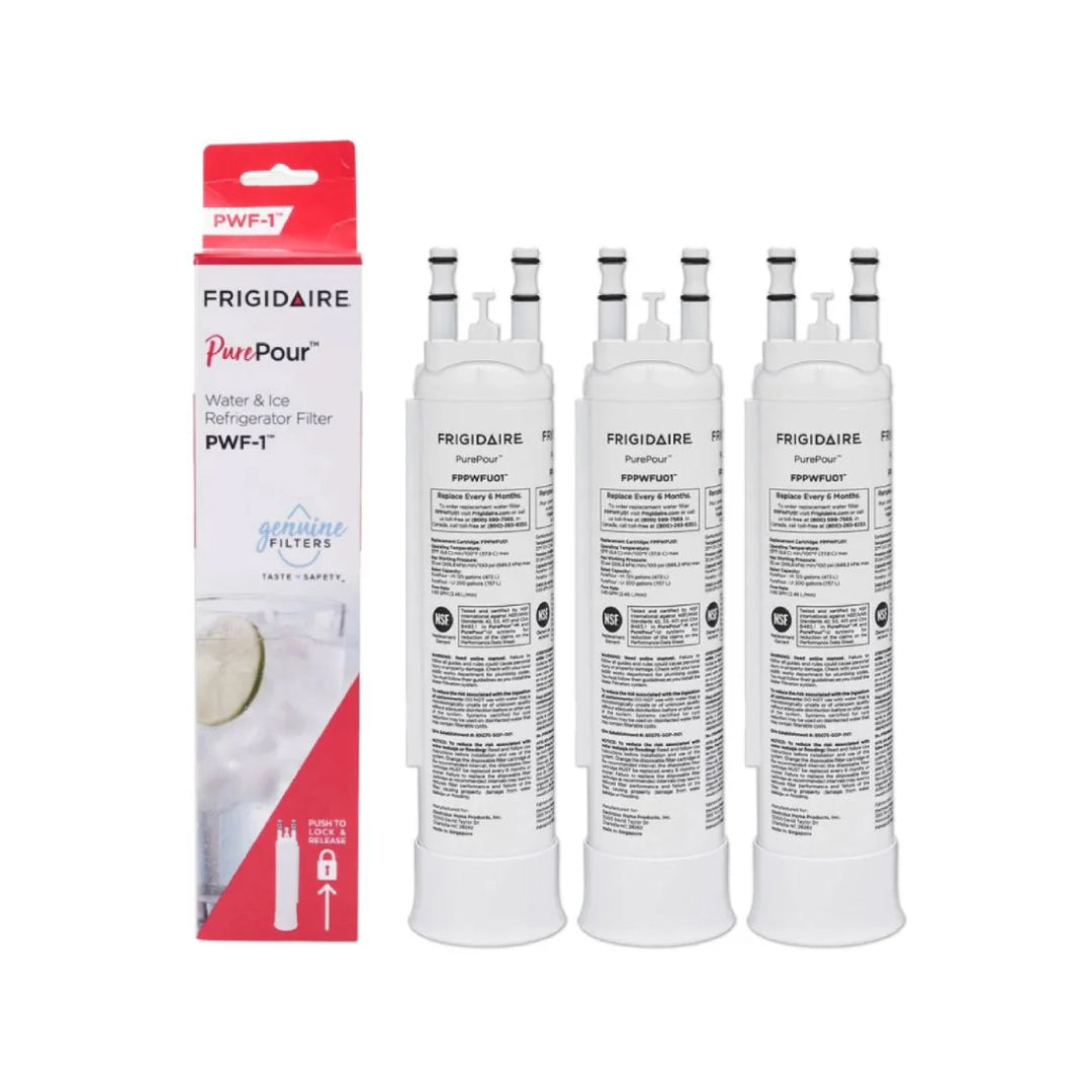 Three Frigidaire PurePour PWF-1 refrigerator water filters lined up beside branded packaging for water and ice filtration