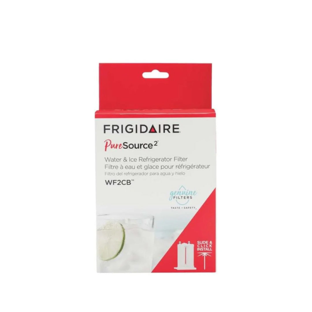 Frigidaire PureSource 2 WF2CB refrigerator water filter retail box with red and white packaging design featuring lime water image