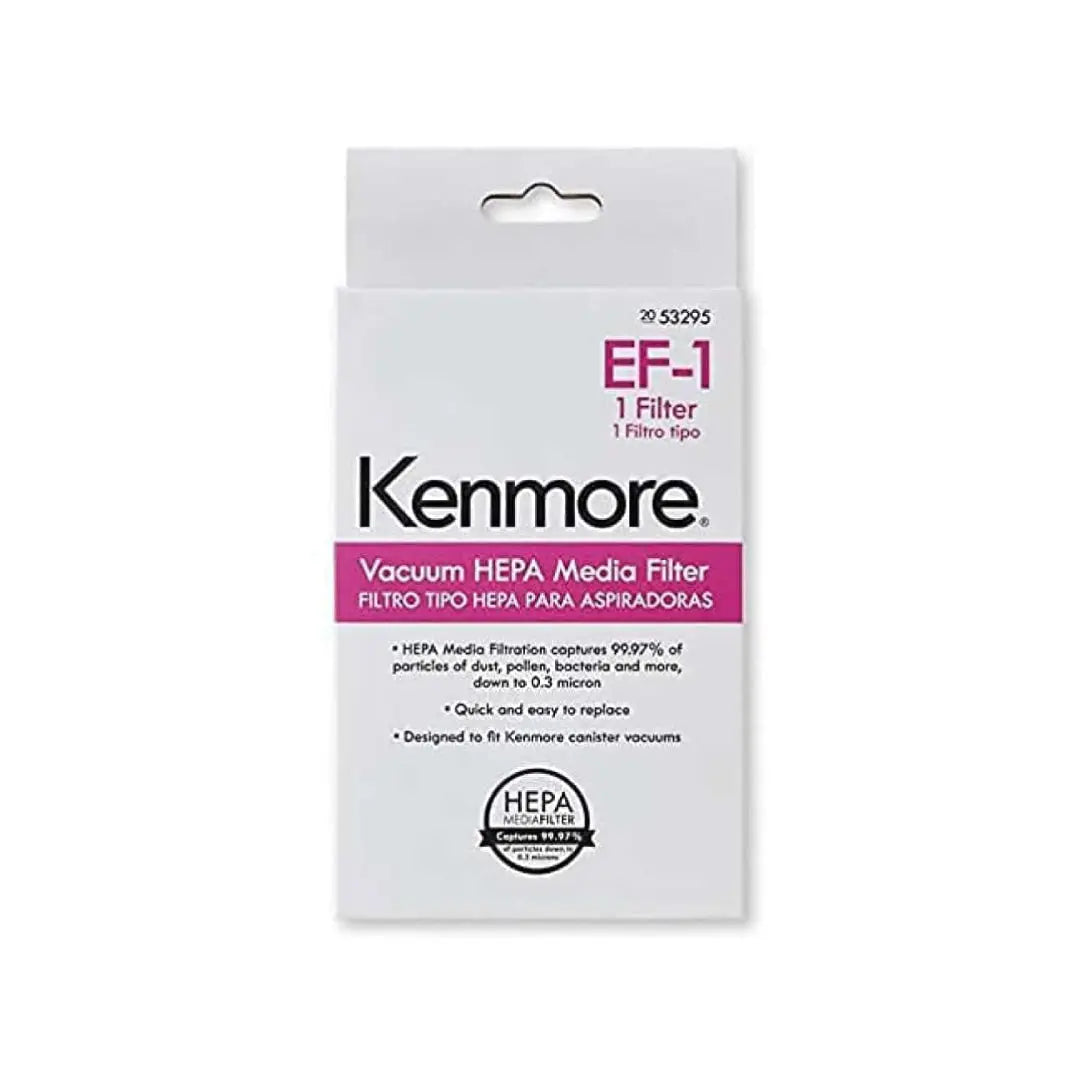 Front view of Kenmore 53295 EF-1 Vacuum HEPA Media Filter packaging showing filtration details and product labeling.