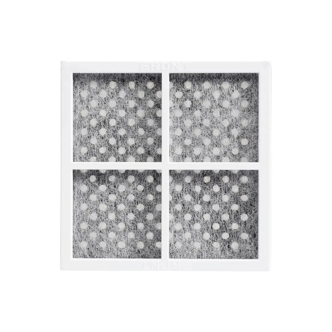 Close-up of LG LT120F refrigerator air filter showing white plastic frame and carbon fiber mesh that traps odors and purifies refrigerator airflow.