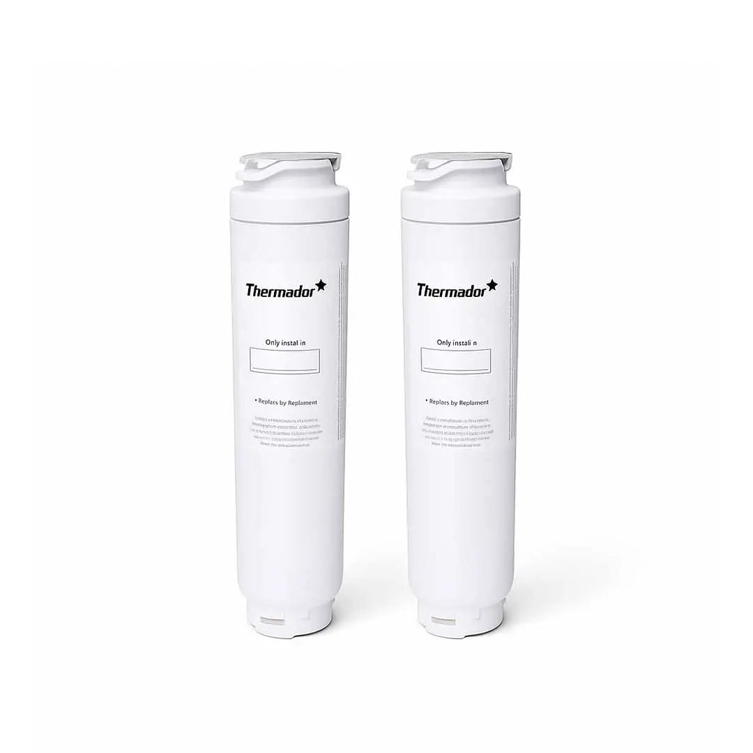 Two Thermador refrigerator replacement water filters standing upright on white background for improved water quality