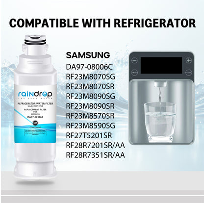 NSF and quality certification icons for Raindrop RDF-976B refrigerator water filter.
