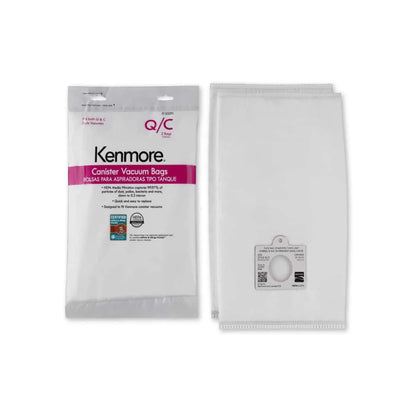 Kenmore Canister Vacuum Bags 2-pack with detailed view of each bag, showing the white HEPA cloth material.