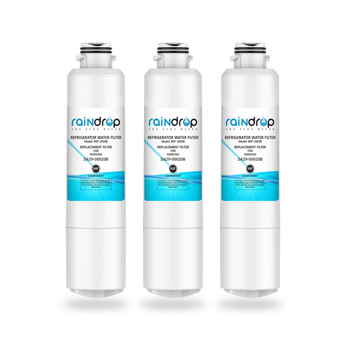 Cutaway view of Raindrop RDF-2920B water filter showing multi-layer filtration and activated carbon block.