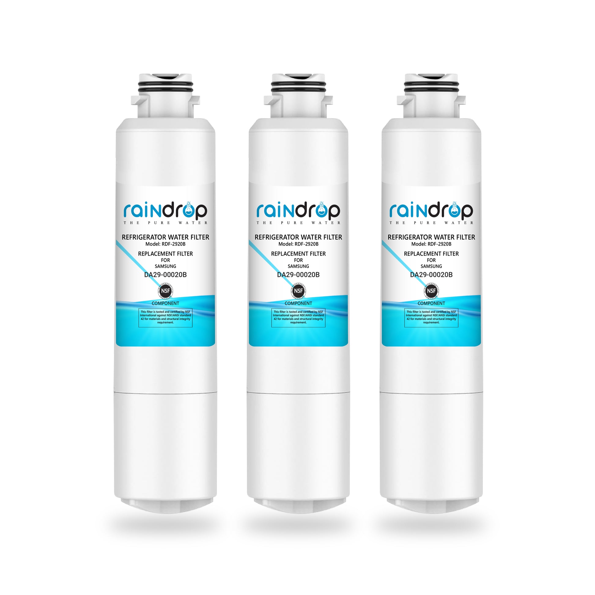 Cutaway view of Raindrop RDF-2920B water filter showing multi-layer filtration and activated carbon block.