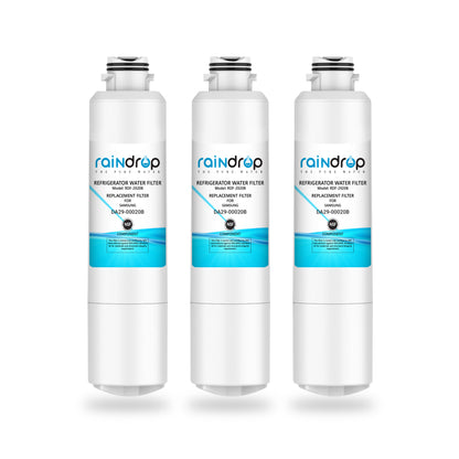 Cutaway view of Raindrop RDF-2920B water filter showing multi-layer filtration and activated carbon block.