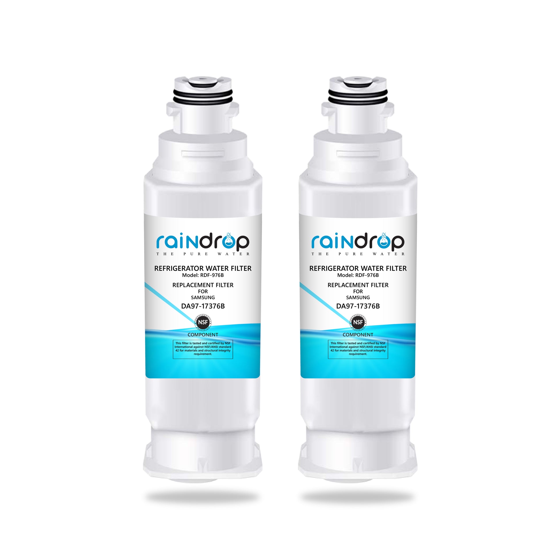 Raindrop RDF-976B water filter shown with retail packaging, compatible replacement for Samsung DA97-17376B refrigerators.