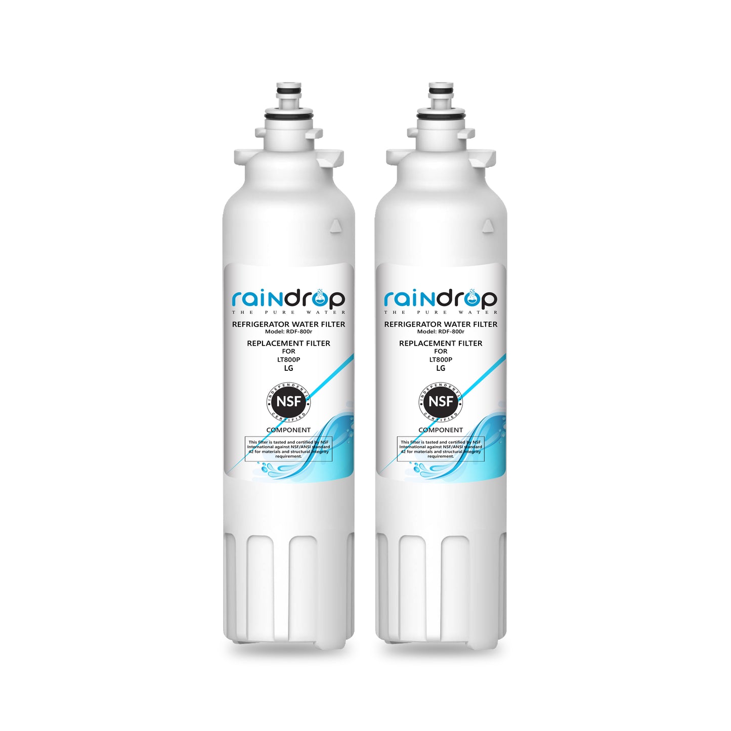 Two white cylindrical refrigerator water filters with blue accents and the Raindrop brand logo on the labels.