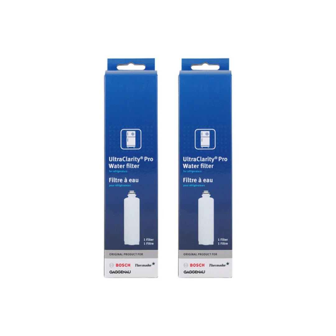 Front view of two Bosch BORPLFTR55 UltraClarity Pro Refrigerator Water Filters with blue packaging, compatible with Bosch, Thermador, and Gaggenau refrigerators.