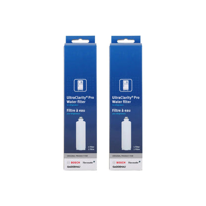 Front view of two Bosch BORPLFTR55 UltraClarity Pro Refrigerator Water Filters with blue packaging, compatible with Bosch, Thermador, and Gaggenau refrigerators.