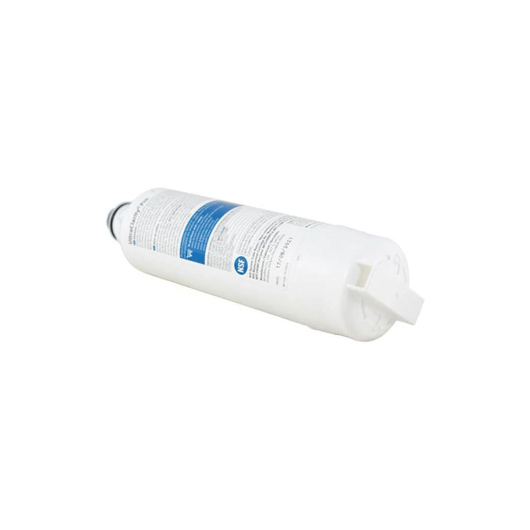 Horizontal view of Bosch BORPLFTR55 UltraClarity Pro Refrigerator Water Filter with white cylindrical body and blue NSF certification label.