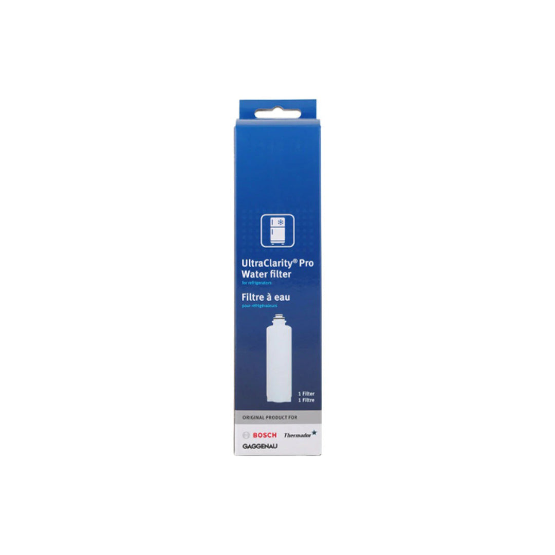 Single boxed Bosch BORPLFTR55 UltraClarity Pro Refrigerator Water Filter front view, original OEM part for Bosch, Thermador, and Gaggenau models.