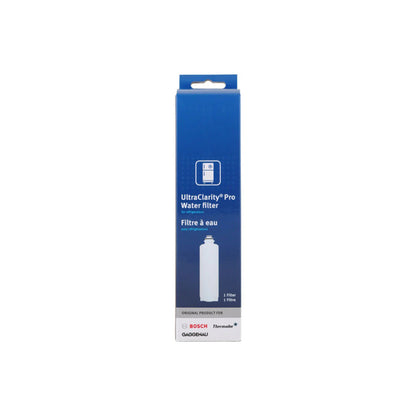 Single boxed Bosch BORPLFTR55 UltraClarity Pro Refrigerator Water Filter front view, original OEM part for Bosch, Thermador, and Gaggenau models.