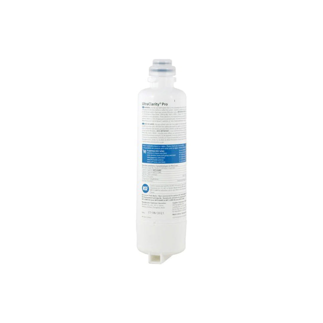 Back view of Bosch BORPLFTR55 UltraClarity Pro Refrigerator Water Filter showing detailed specifications, NSF certification, and installation instructions.