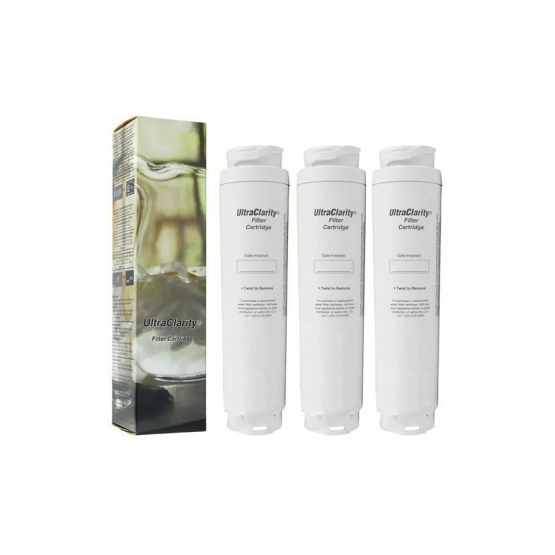 Three Bosch UltraClarity BORPLFTR55 refrigerator water filter cartridges displayed with box, compatible with select Bosch and Siemens refrigerator models.