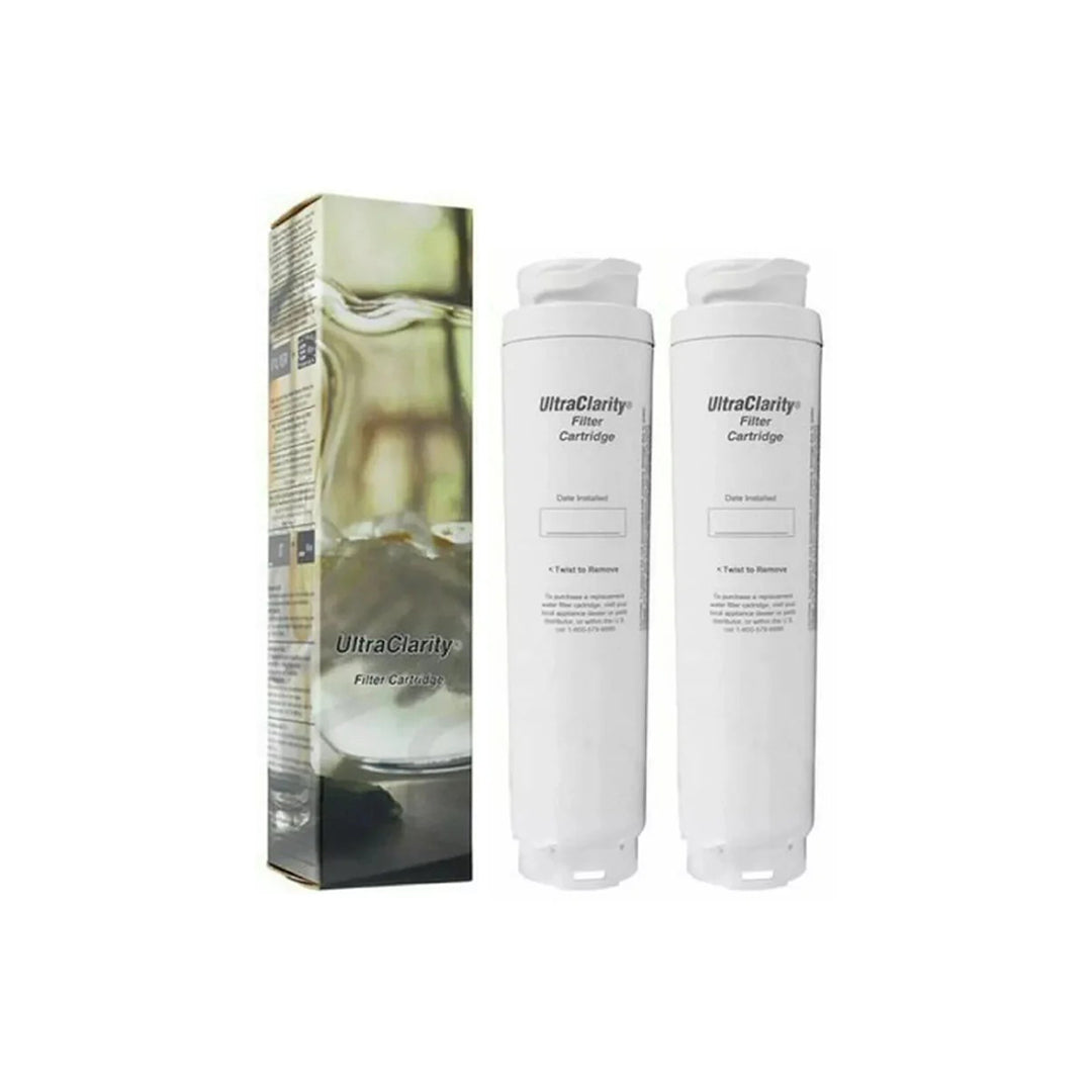 Two-pack Bosch UltraClarity BORPLFTR55 refrigerator water filters shown beside product box, providing up to 6 months of purified water filtration performance.