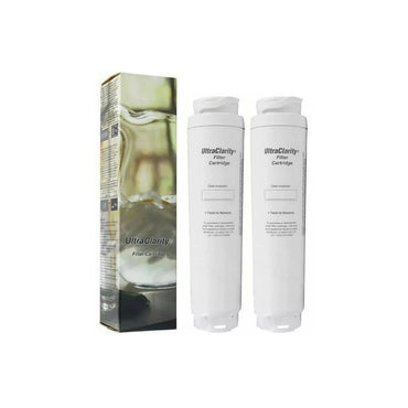 Two-pack Bosch UltraClarity BORPLFTR55 refrigerator water filters shown beside product box, providing up to 6 months of purified water filtration performance.