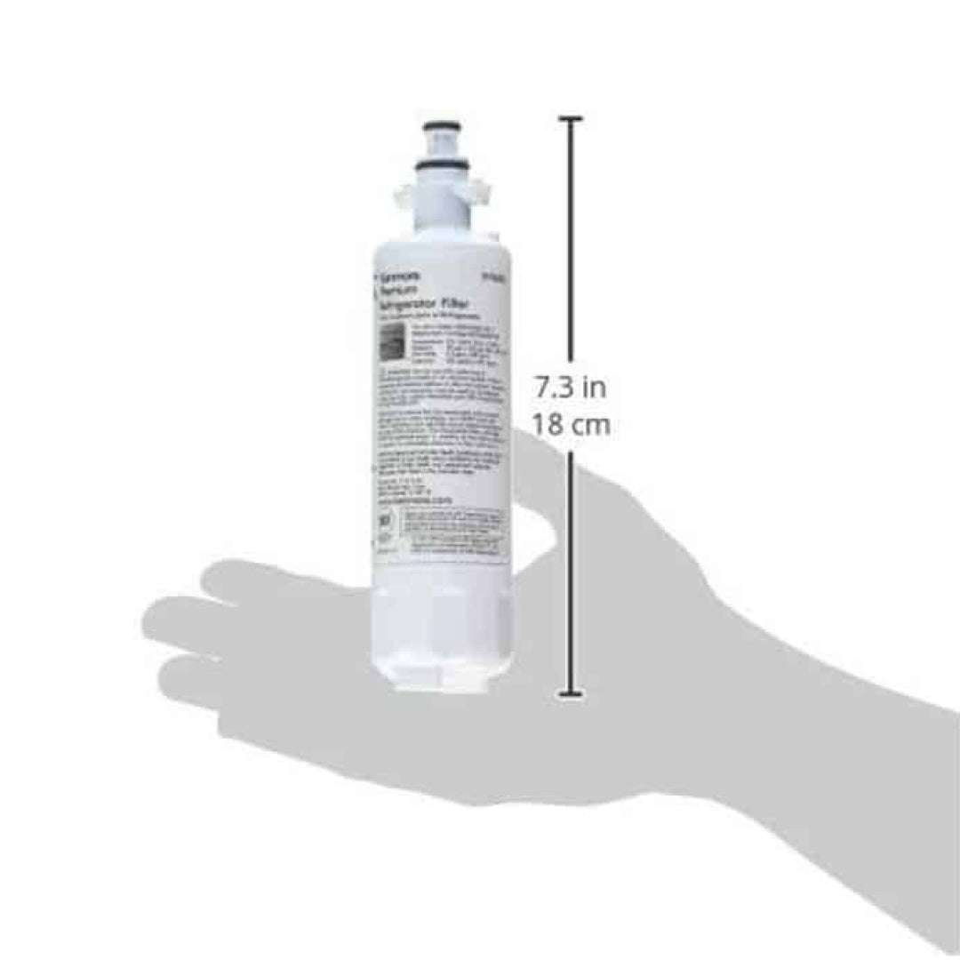 Kenmore 9690 Refrigerator Water Filter displayed on hand showing 7.3-inch height measurement for size reference.