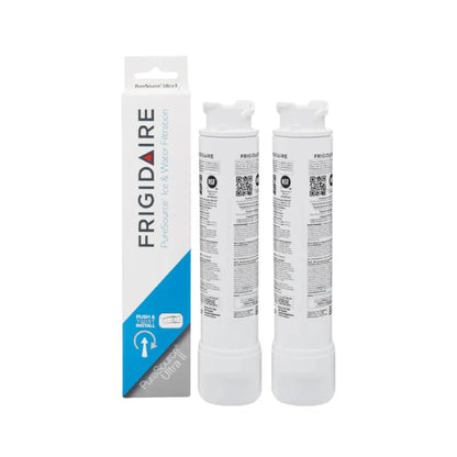 Two Frigidaire EPTWFU01 PureSource Ultra II refrigerator water filters standing beside the retail box on a white background