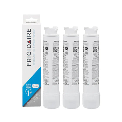 Three Frigidaire EPTWFU01 PureSource Ultra II replacement water filters displayed with product packaging
