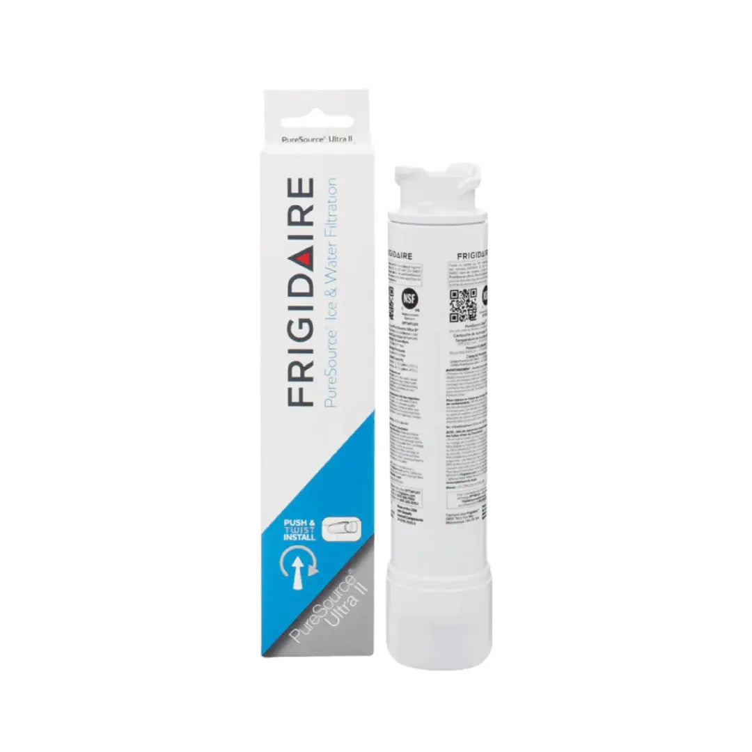 Single Frigidaire EPTWFU01 refrigerator water filter shown next to PureSource Ultra II retail box