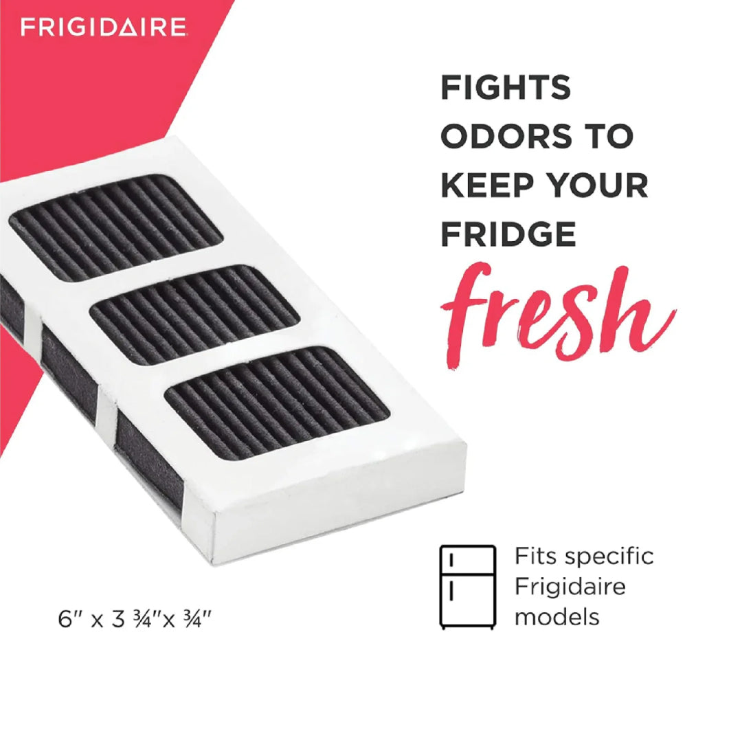 Frigidaire PAULTRA2 air filter with text "Fights odors to keep your fridge fresh" using activated carbon filtration