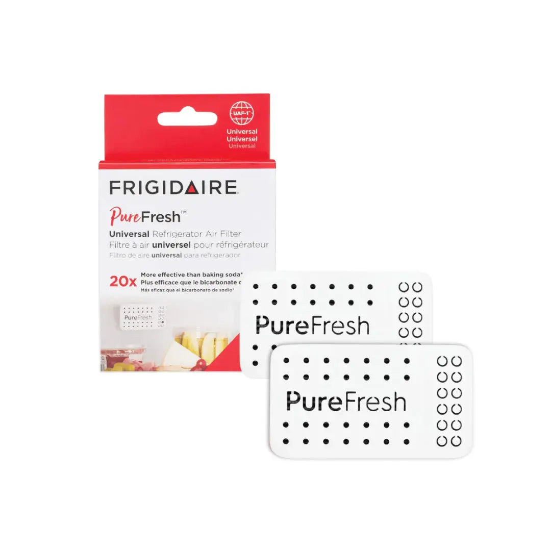 Frigidaire PureFresh universal refrigerator air filter 2 pack shown with retail box, helps reduce food odors in any fridge