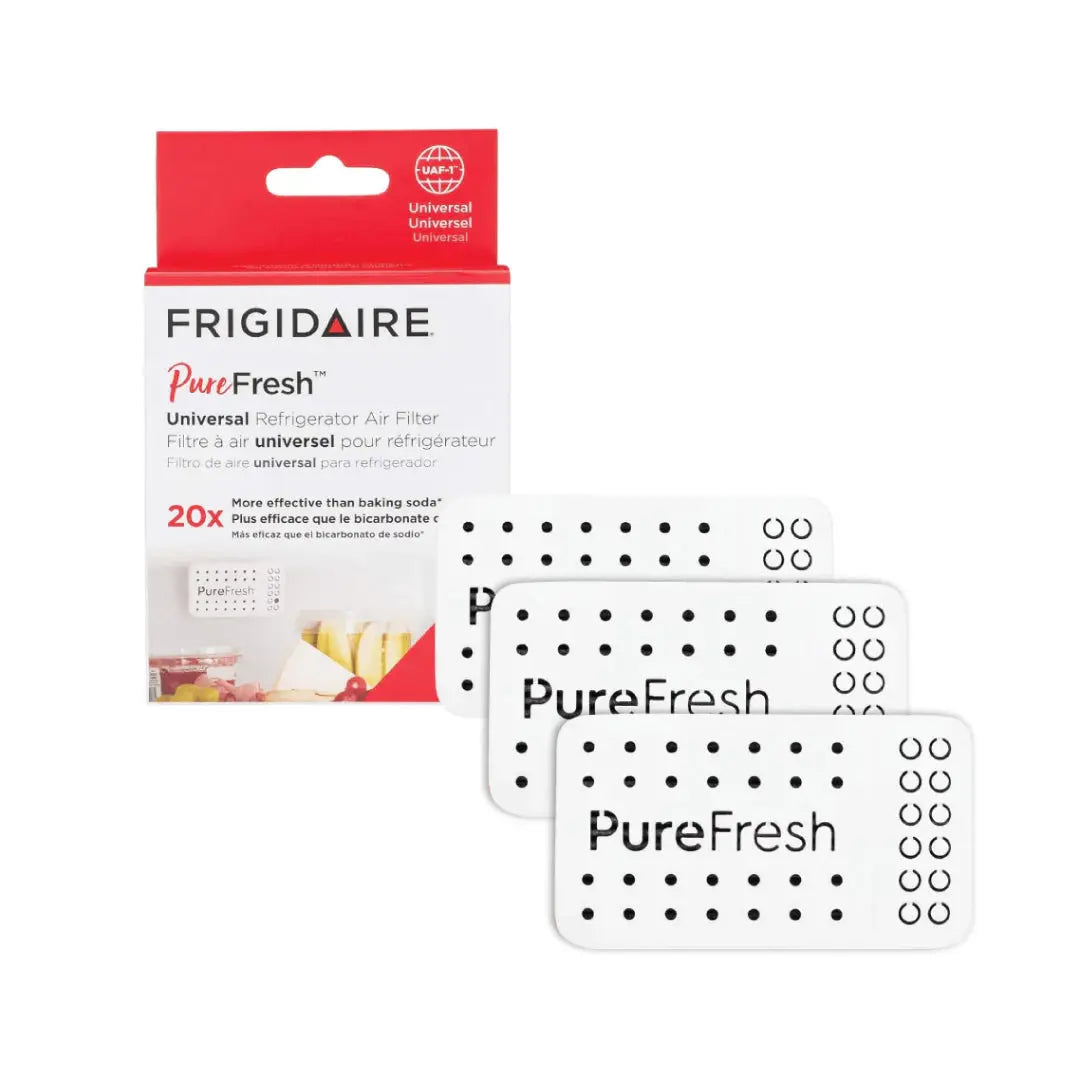 Three Frigidaire PureFresh universal refrigerator air filters placed beside product box, long-lasting odor control