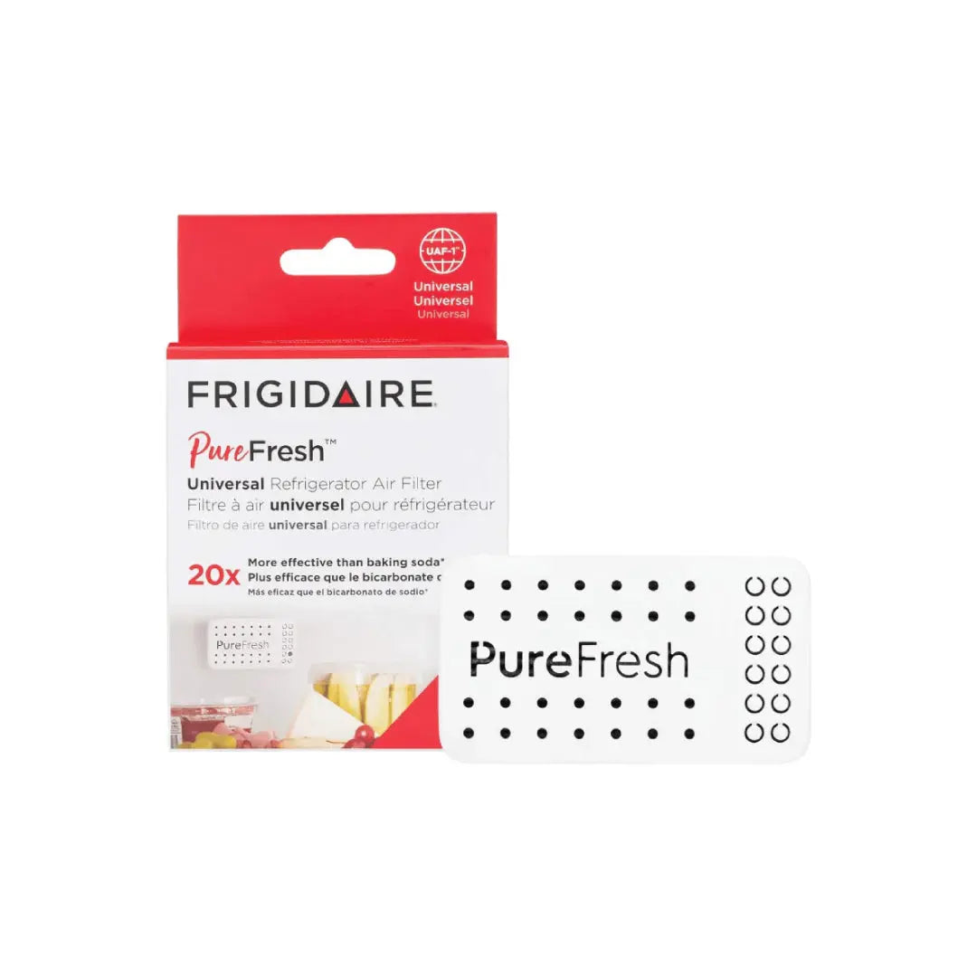 Frigidaire PureFresh universal refrigerator air filter displayed with retail packaging on white background