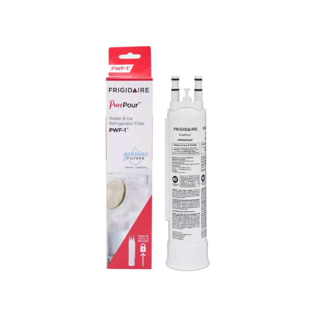 Frigidaire PurePour PWF-1 refrigerator water filter standing beside its red and white retail box on white background