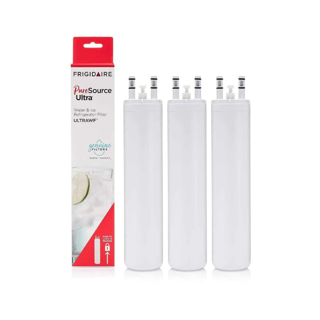 Three Frigidaire PureSource Ultra ULTRAWF refrigerator water filters shown with box packaging, genuine OEM certified