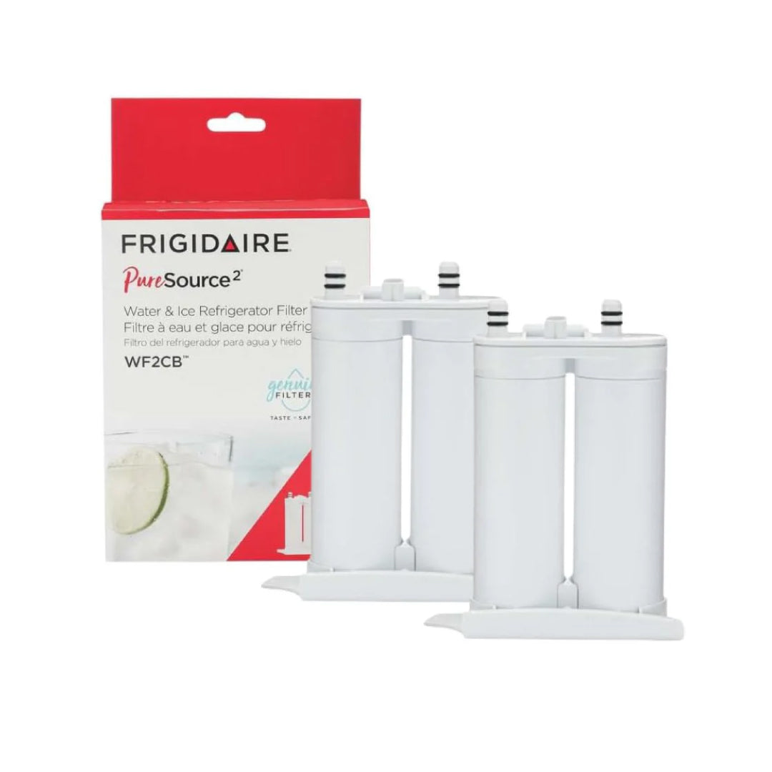 Two Frigidaire WF2CB PureSource 2 refrigerator water filters displayed in front of branded packaging on white background