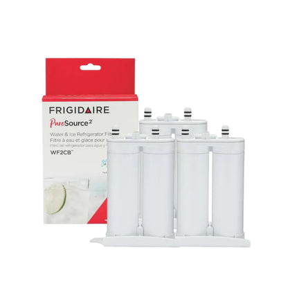 Three Frigidaire PureSource 2 WF2CB refrigerator water filters arranged beside product box for water and ice filtration