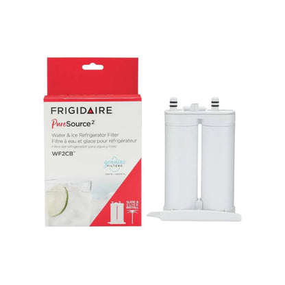 Single Frigidaire PureSource 2 WF2CB refrigerator water filter positioned next to its retail packaging with red and white box design