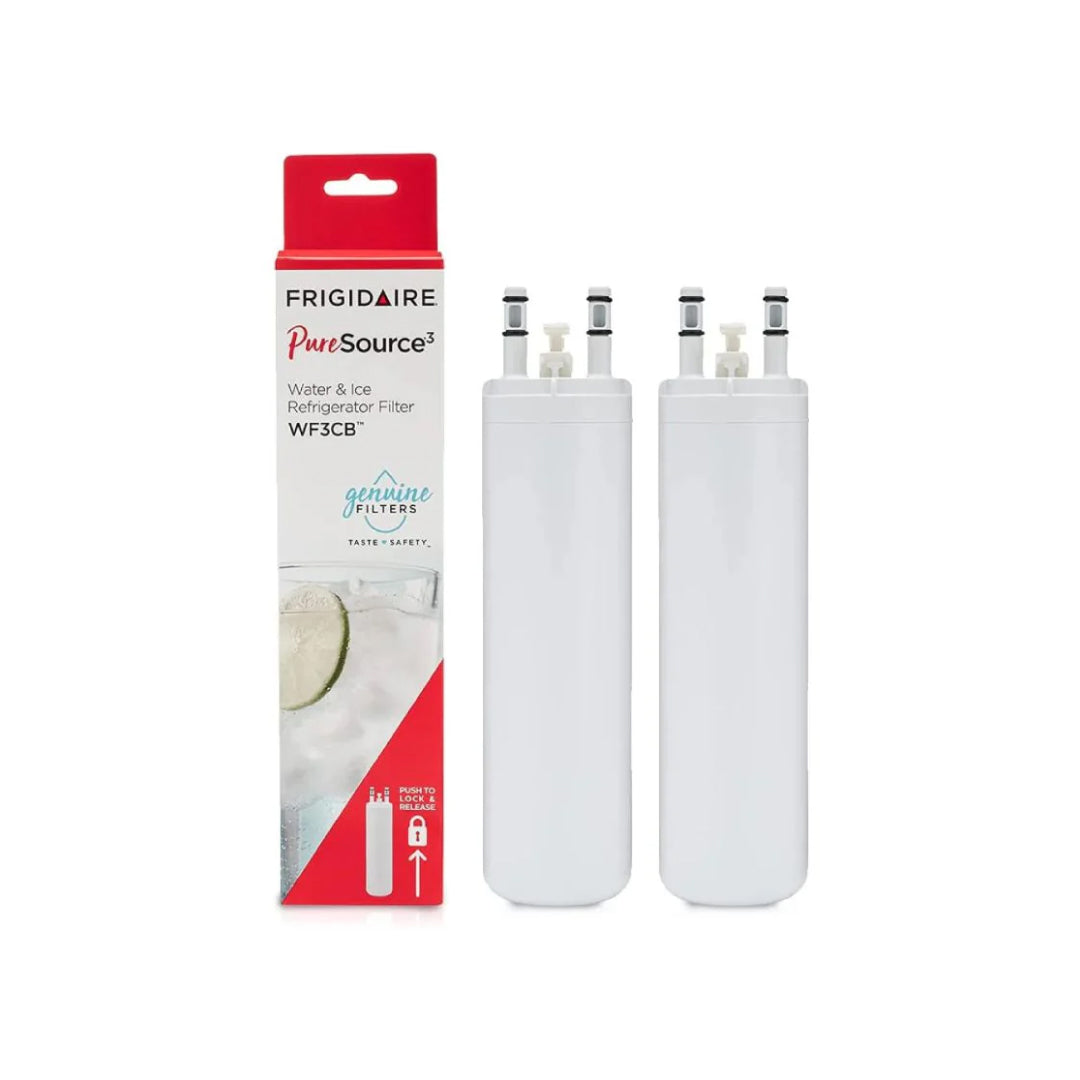 Two Frigidaire WF3CB PureSource 3 refrigerator water filters displayed beside retail packaging on white background