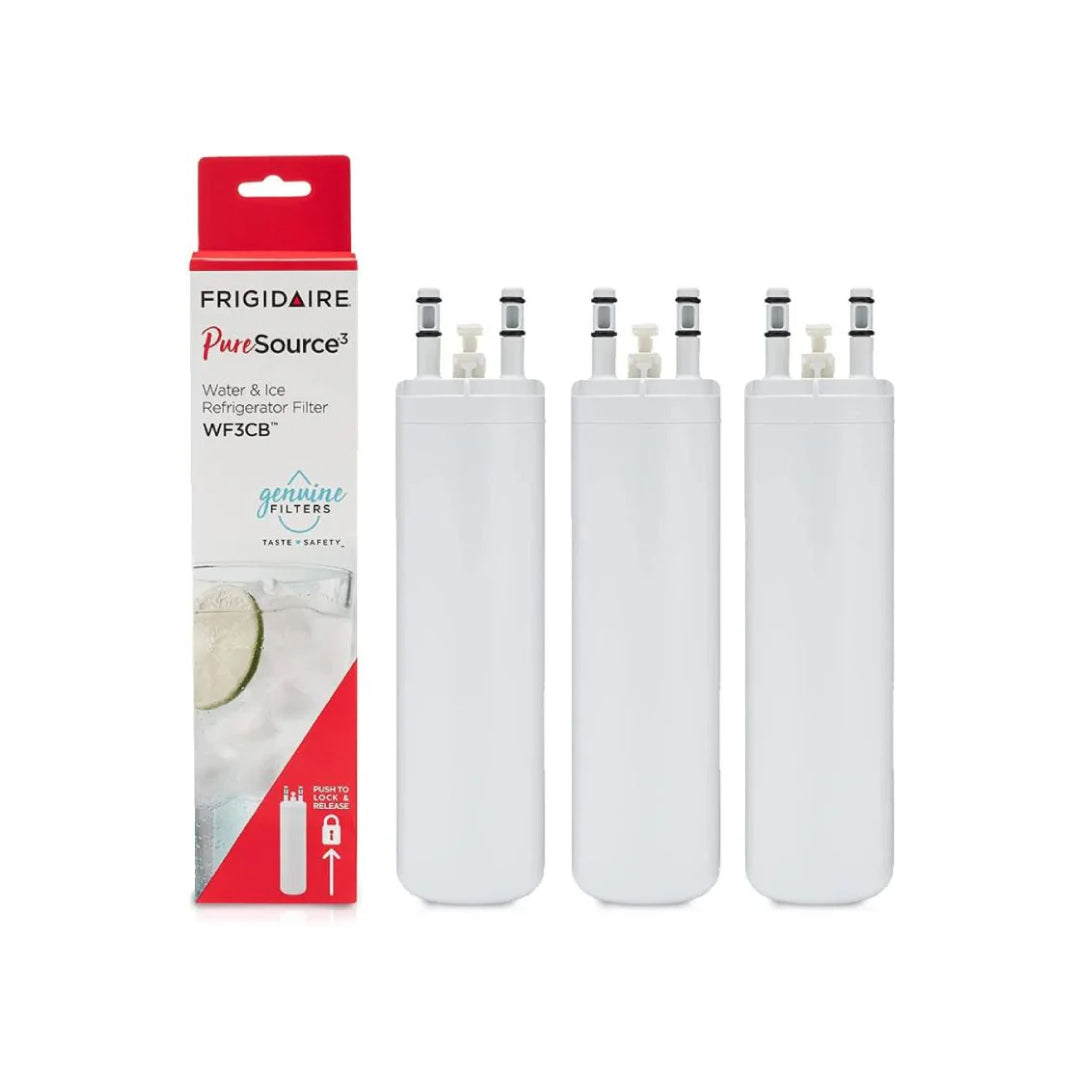 Three Frigidaire PureSource 3 WF3CB refrigerator water filters lined up next to product box for water and ice filtration