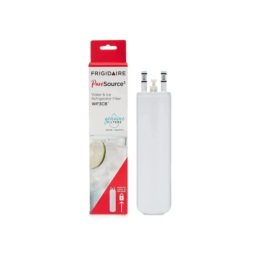 Frigidaire PureSource 3 WF3CB refrigerator water filter shown with red and white retail box featuring lime water design