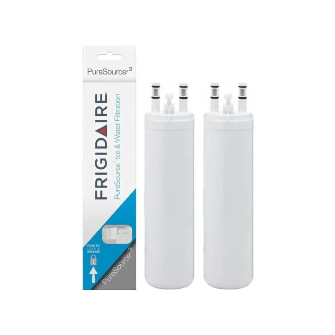 Two Frigidaire WF3CB PureSource 3 refrigerator water filters shown beside the product box on a white background
