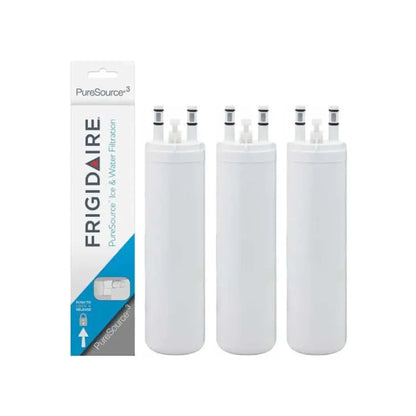 Three Frigidaire WF3CB PureSource 3 replacement fridge water filters displayed with retail packaging