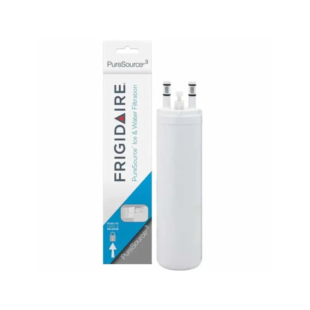 Single Frigidaire WF3CB PureSource 3 refrigerator water filter leaning on its box for product display