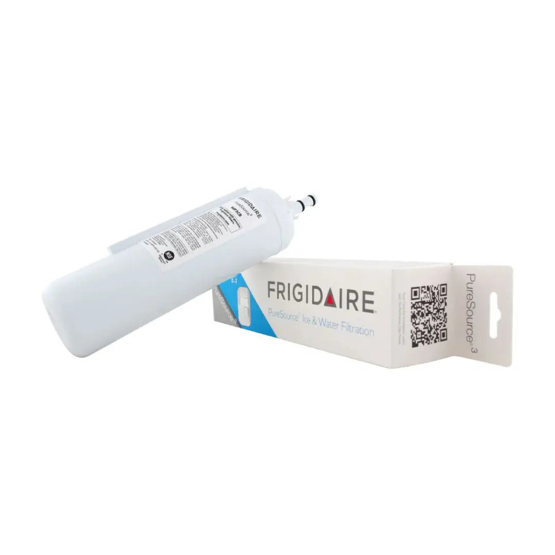 Single Frigidaire WF3CB PureSource 3 refrigerator water filter standing next to the retail package