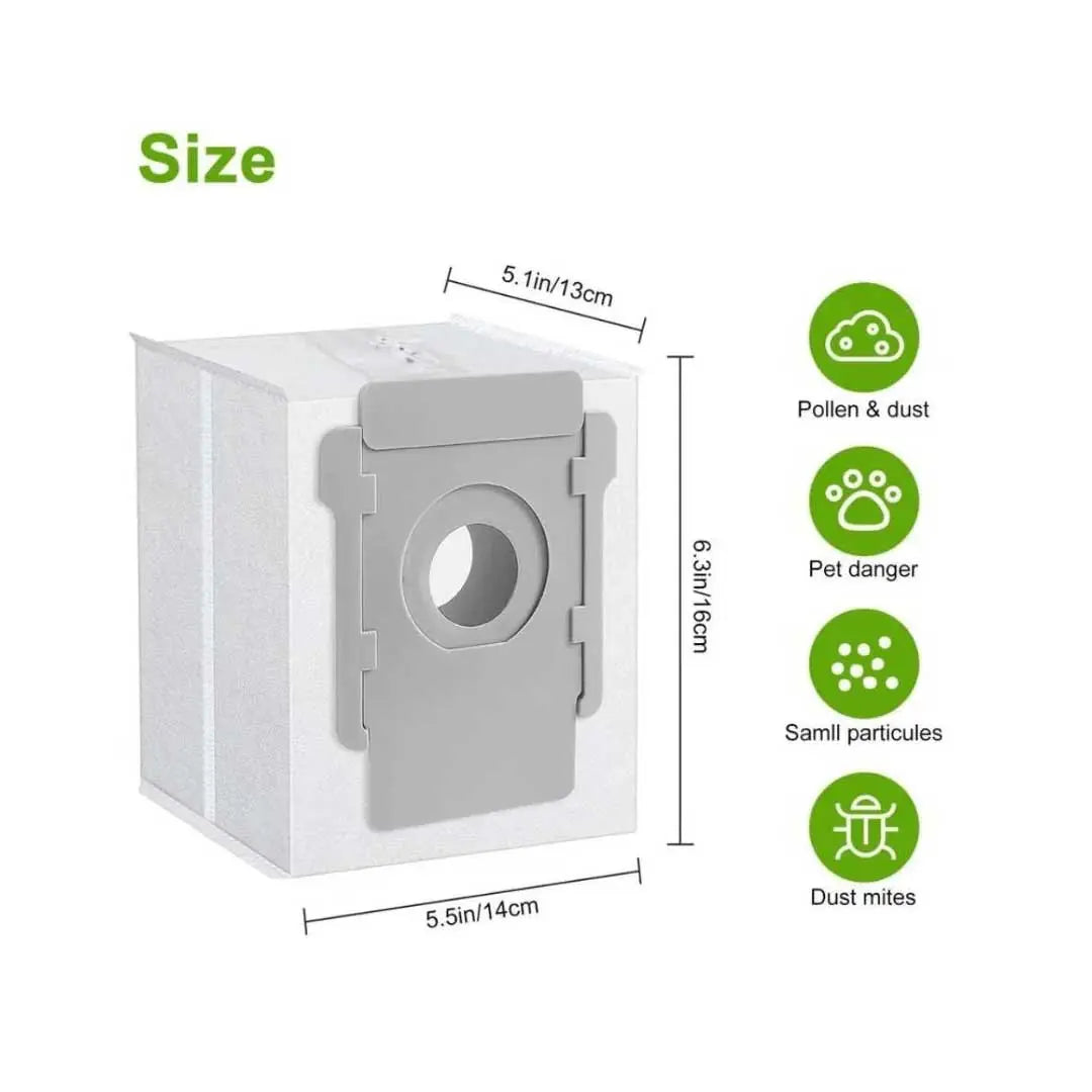 iRobot Roomba E, I & J Series replacement parts with two sweeper dust bags, designed for automatic dirt disposal