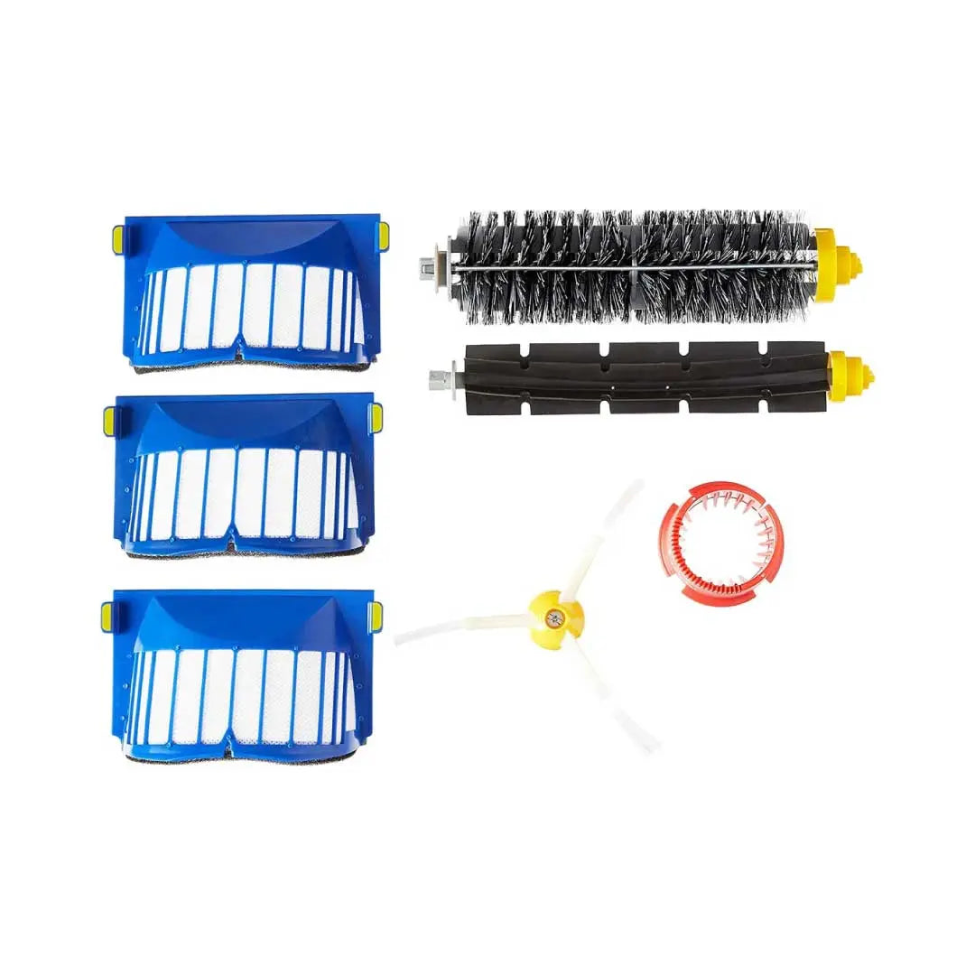 Full iRobot Roomba 600 Series replenishment kit with filters, brushes, side brush, and cleaning tool displayed on white background