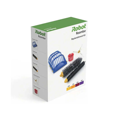 iRobot Roomba 600 Series replenishment kit retail box with replacement brushes, filters, and cleaning tool shown on packaging