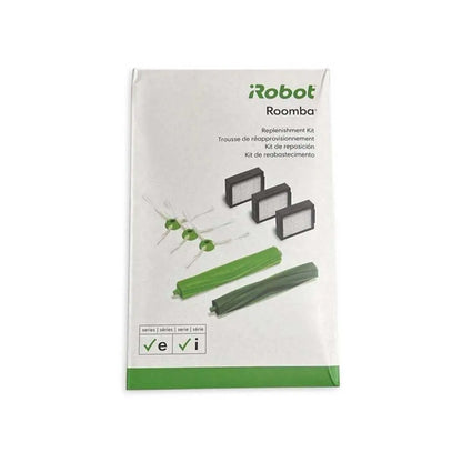 Replenishment kit for iRobot Roomba E, I & J Series, with essential parts like filters, brushes, and cleaning tools for optimal robot function.