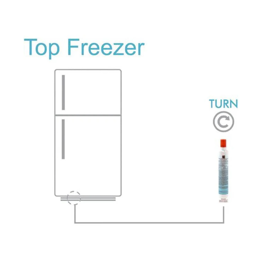 Kenmore 46-9915 Refrigerator Water Filter installation diagram showing top freezer placement with twist direction indicator.