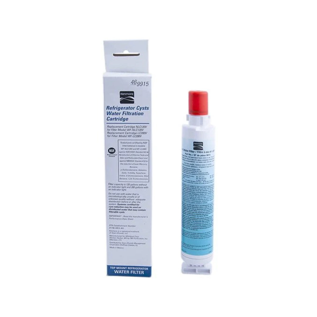 Kenmore 46-9915 Refrigerator Water Filter and packaging box with blue label and red cap shown on a white background.