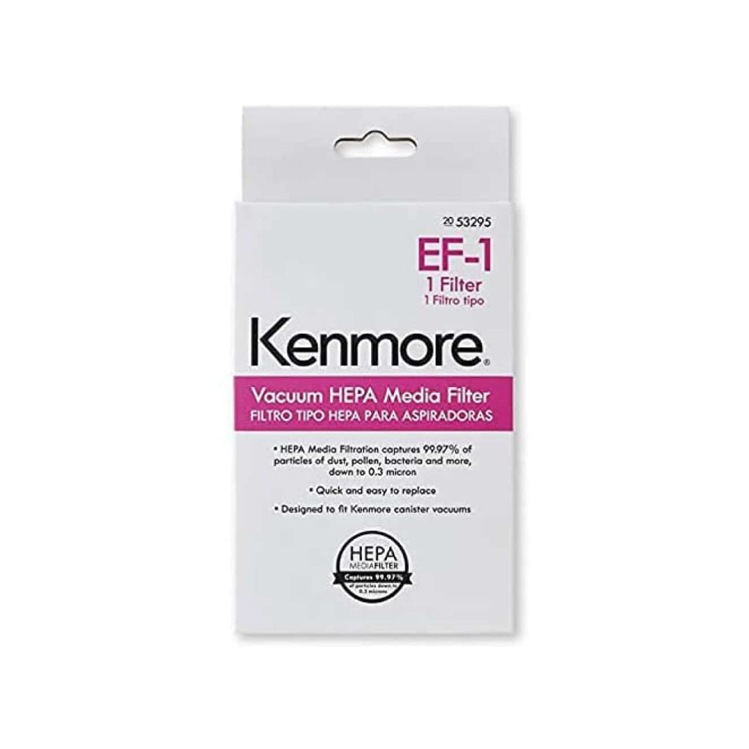 Kenmore 53295 EF-1 Vacuum HEPA Media Filter packaging box with pink and white label displayed on a white background.