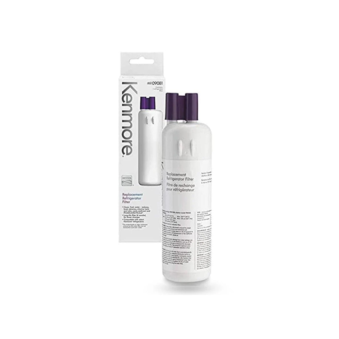 Kenmore 9081 replacement refrigerator water filter with white cylindrical design and purple cap shown beside retail packaging